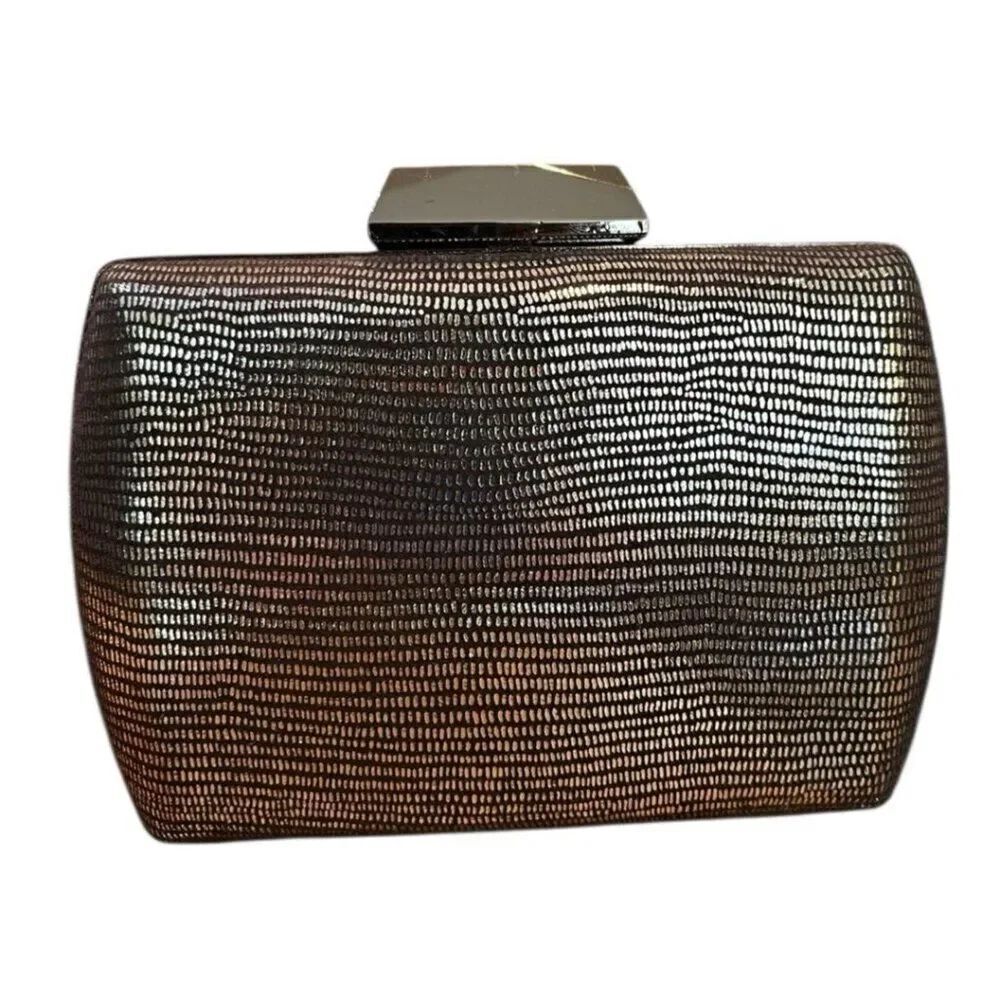 Small Gray Square Metallic Clutch Evening Bag  Chain Crossbody Hard Shell New